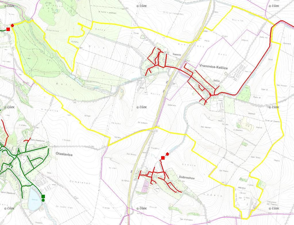 E. KANALIZACE A ČOV Mapa E1: Kanalizace - rozvody v obci Trasování sítí, lokalizace ČOV, čerpací stanice (ČS), výústě Obec: Vranovice-Kelčice Legenda: Kanalizace: Ochranné pásmo: Vyústění: do 2015 po