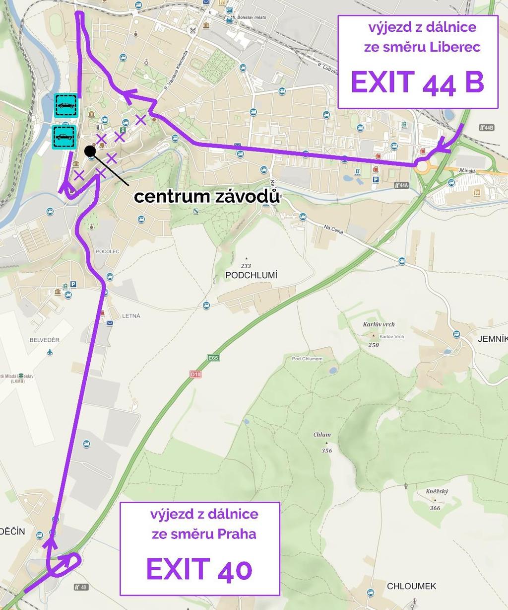 šipkách, příp. podle pokynů pořadatelů (jiná příchodová cesta do centra závodů, než tato, je zakázaná). Vzdálenost je 500 700 m. Příjezd: z dálnice D10 sjezd EXIT 44 B (z Liberce), resp.