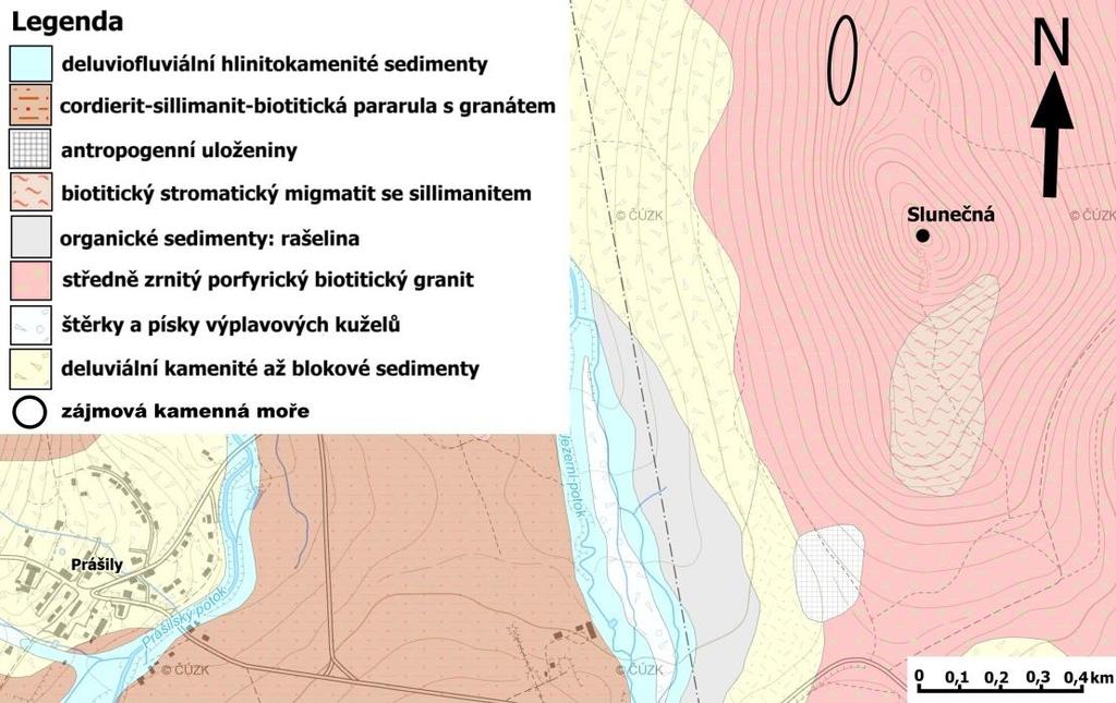 2 VYMEZENÍ ZÁJMOVÉHO ÚZEMÍ A JEHO CHARAKTERISTIKA Obr. 2: Geologická mapa oblasti Slunečné s vyznačenou lokalitou průzkumu. Vlastní zpracování dat Geologické mapy ČR 1:25 000.