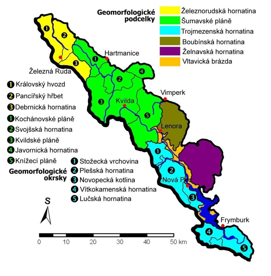 3 TEORETICKÝ ÚVOD 3.1.2 GEOMORFOLOGIE ŠUMAVY Z pohledu geomorfologů je česká část Šumavy částí provincie Česká vysočina, Šumavské soustavy a podsoustavy Šumavská hornatina (Demek et al., 1987).