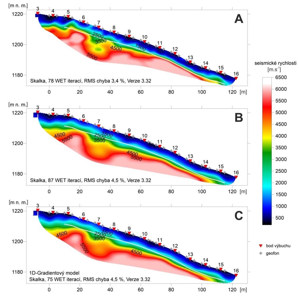 5 VÝSLEDKY A INTERPRETACE DAT (3 x 1). Pro gradientový model, na obr. 55C bylo použito 75 iterací, opět Gaussovo plné zhlazení a full smoothing window (7 x 3). Obr. 55: Skalka SSR.
