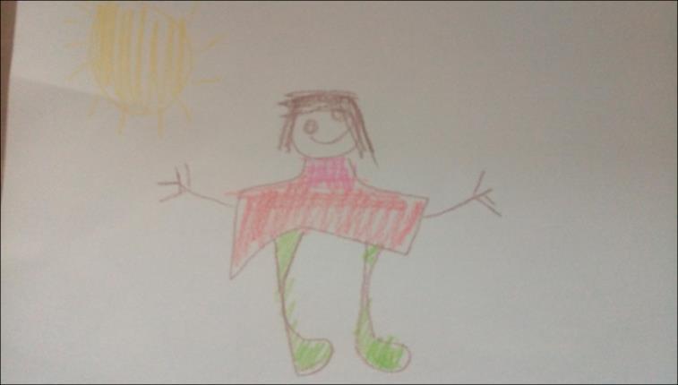 CHLAPEC, 5 let, značka strom, (obrázek č.17) Postava v září Postava je nakreslena dvojdimenzionálně, jen ruce jsou v podobě hrabiček. Z detailů zvládá oči, ústa, vlasy, krk.