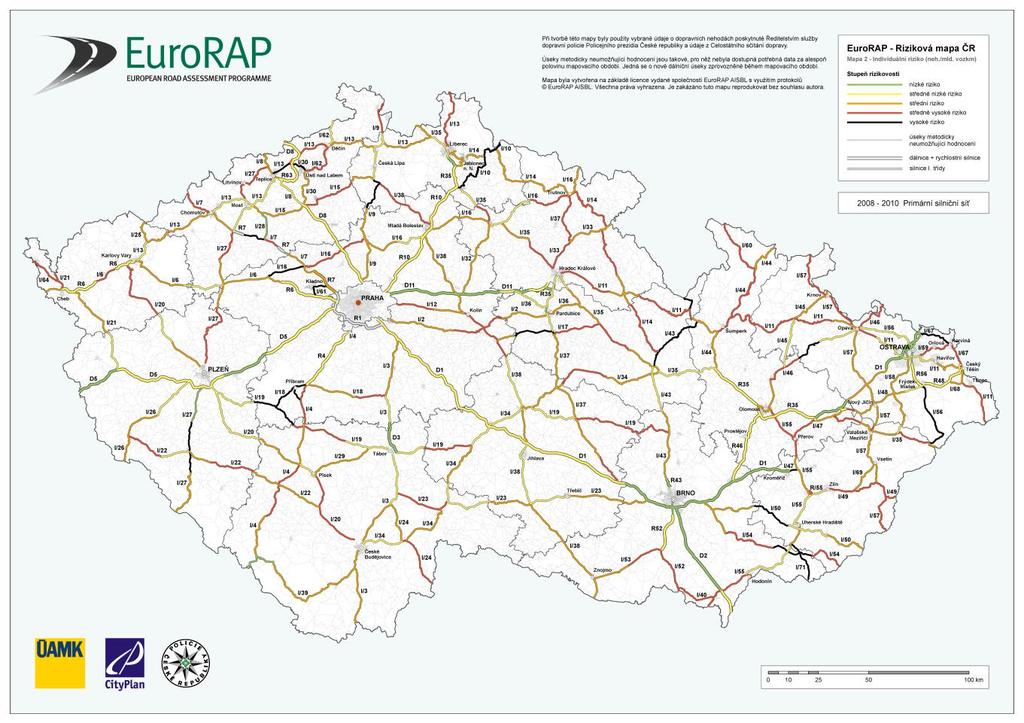 Obrázek 3 Riziková mapa ČR v období 2008-2010 Poslední bezpečnostní pilíř Hvězdičkové hodnocení byl vyvinut jako nástroj pro využití získaných dat při silničních inspekcích EuroRAP, k identifikaci