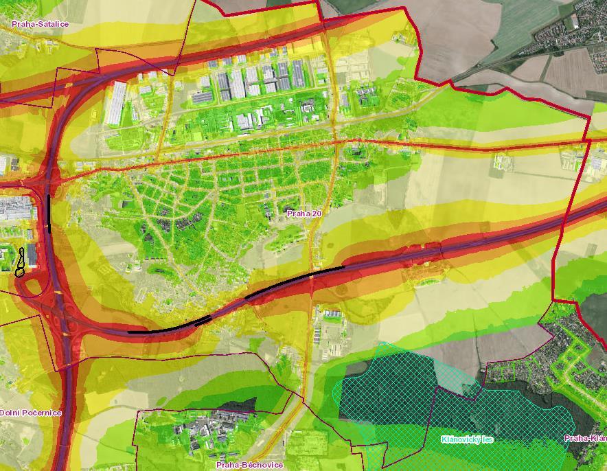 Obr. 6: Strategická hluková mapa stav v roce 2011 pro noc (Ln) Zdroj: [2] Na následujících obrázcích jsou