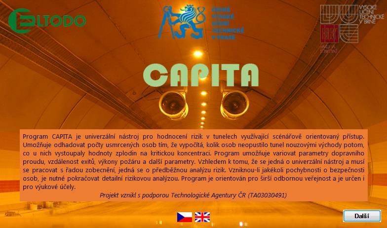 Obr. 6-1: Úvodní obrazovka programu CAPITA s obecnou informací o programu Cíl a využití (viz obrázek 6-2): Programový nástroj CAPITA je určen pro použití pro odborníky, kteří působí v oblasti