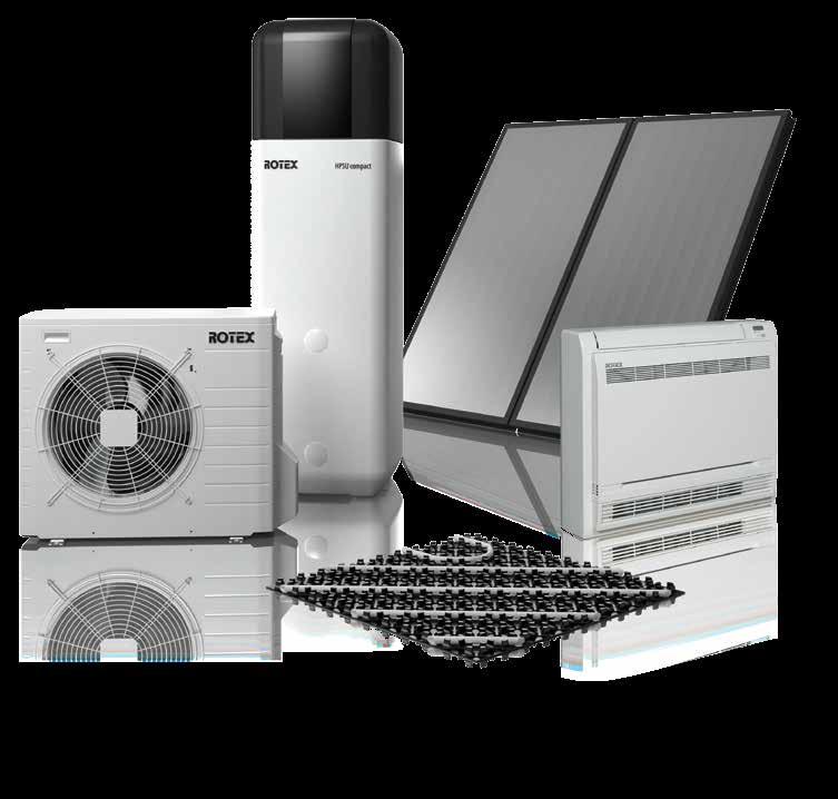 Solární systém ROTEX Solaris (doplněk) Tepelné čerpadlo vzduch-voda ROTEX HPSU compact (venkovní a vnitřní jednotka) Ventilátorový konvektor ROTEX HP