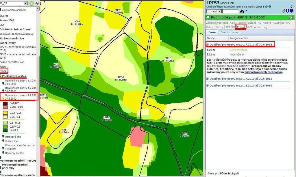 Eroze v LPIS Přítomnost erozně ohrožených ploch na PB/DPB zobrazuje vrstva