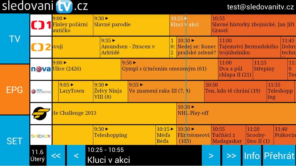 INFO zobrazí informaci o spuštěné aplikaci Elektronický programový průvodce (EPG) Přepnutím do nabídky EPG můžete prostřednictvím online TV programu vyhledávat pořady, které chcete