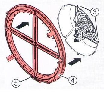 je nastaven počáteční směr otáček ventilátoru dozasuňte keramický výměník (3) do stavební průchodky z vnitřní strany tak, aby jeho zadní stěna