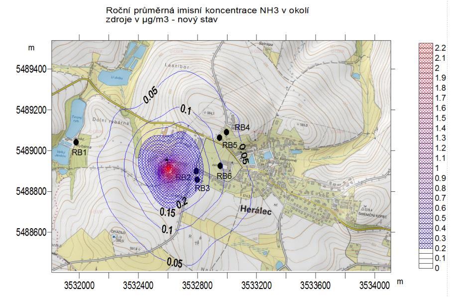 Vyhodnocení nový stav - Schematické vyhodnocení NH 3 Vyhodnocení NH 3 v posuzované lokalitě: Čichový práh NH 3 : 1,14 mg/m 3 Přepočet = 1,5 ppm x 17 (M) / 22,41 (l/mol) = 1,14 mg/m 3 = 1 140 µg/m 3