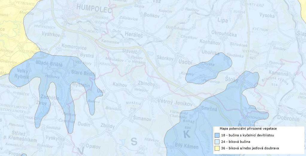 C.I.4 Přirozená vegetace Dle mapy potencionální přirozené vegetace širší území záměru náleží do oblasti bikových bučin. Obrázek 14: Mapa potenciální přirozené vegetace C.I.5 Územní systém ekologické stability V místě předkládaného záměru se nenachází žádné prvky ÚSES.