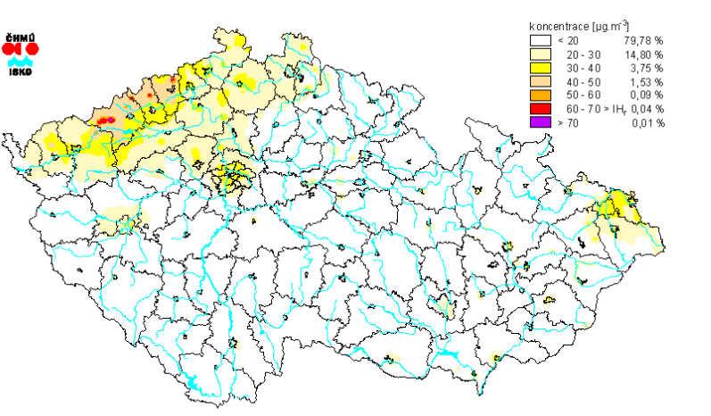 Obr.1: Pole ročních aritmetických průměrů koncentrací SO 2