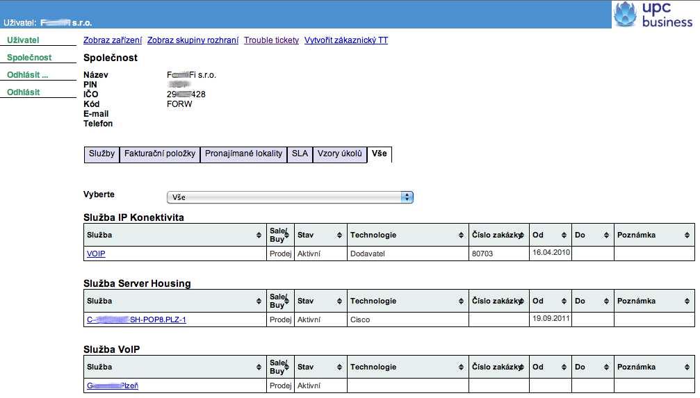 Služby UPC Business zahrnují reporting a monitoring služeb prostřednictvím servisního portálu https://tis.upcbusiness.cz.