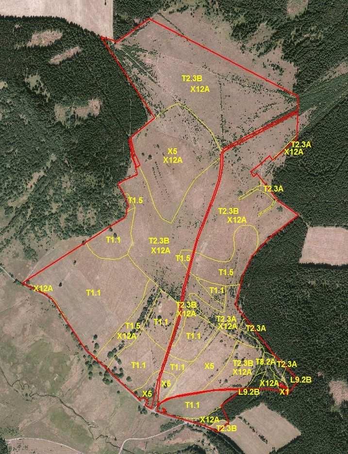 Příloha M7: Mapa biotopů dle mapování NATURA 2000 hranice PR T1.1 - mezofilní ovsíkové louky T1.5 - vlhké pcháčové louky T2.3A - podhorské a horské smilkové trávníky s výskytem jalovce obecného T2.