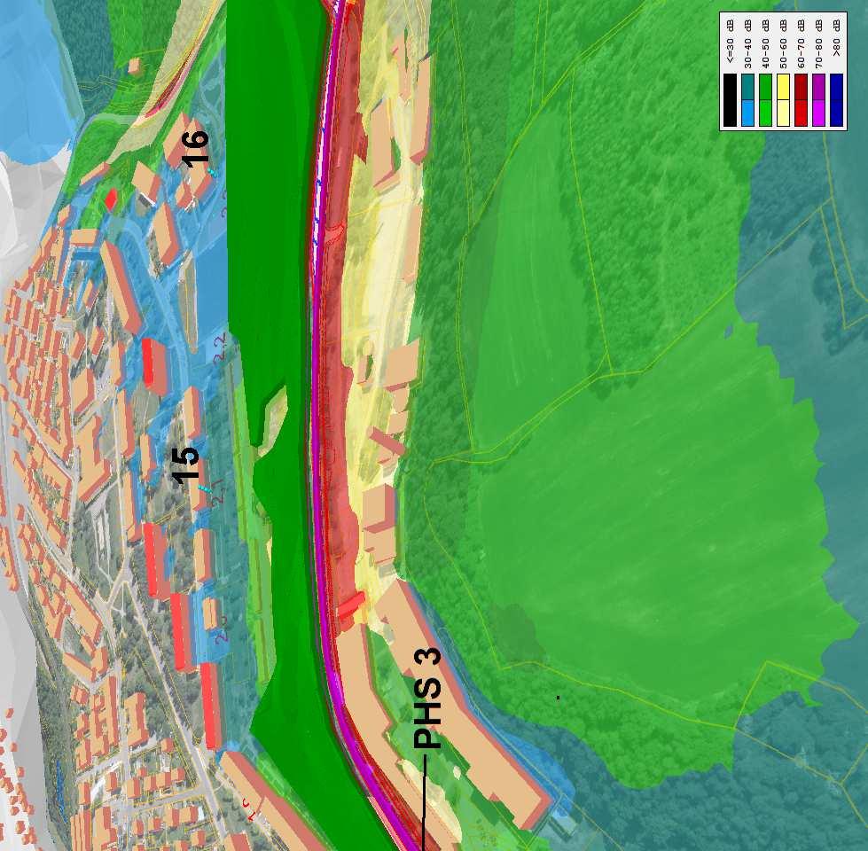 obr. 8 Zobrazení hlukových pásem detail RKB 7-16, 2035 DEN,