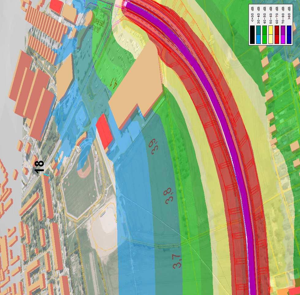 obr. 9 Zobrazení hlukových pásem detail RKB 17-18, 2035 DEN,