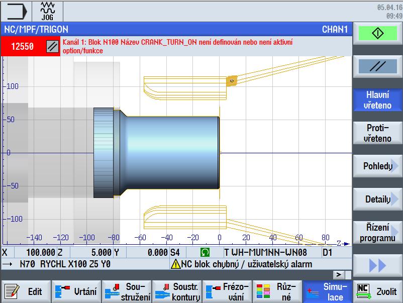 Software hlásí chybovou hlášku, protože funkci excentrického soustružení CRANK_TURN nemá definovanou. Nelze jí tedy v softwaru Sinutrain odsimulovat. Obr.