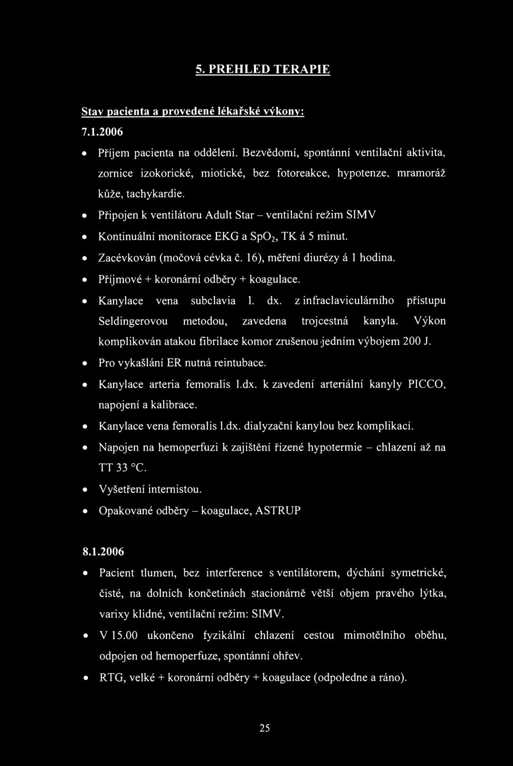 5. PŘEHLED TERAPIE Stav pacienta a prvedené lékařské výkny: 7.1.2006 Příjem pacienta na ddělení.