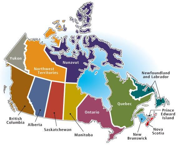 Administratívne členenie 3 teritória: - Nunavut - Yukon - Severozápadné teritóriá 10 provincií: - Britská Kolumbia - Alberta - Saskatchewan - Manitoba - Ontario - Quebec - New Brunswick -