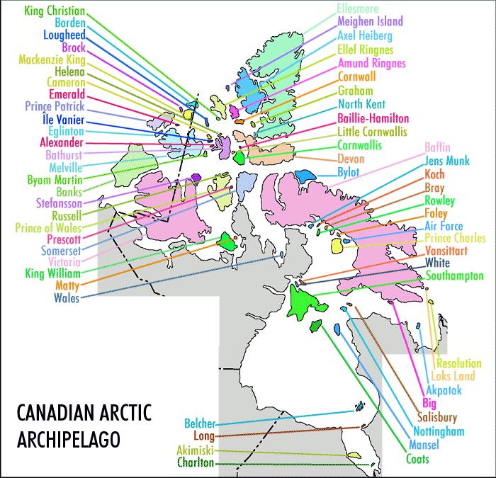 Kanadské arktické ostrovy 94 veľkých (každý -130 km 2 a viac) 36 469 menších ostrovov 1,4mil km 2