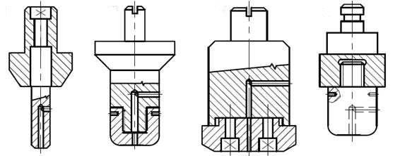 Obr. 27 Schéma některých konstrukčních provedení tažníků [16] Tam, kde není možné provést z důvodu zeslabení stěny tažníku otvor pro odvzdušnění, vytváří se tažník kuželový nebo se na povrchu vytvoří