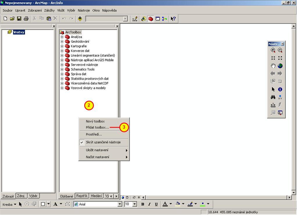 V prostředí ArcMap vyberte tlačítko Zobrazit/Skrýt okno ArcToolbox pro otevření nabídky ArcToolbox.