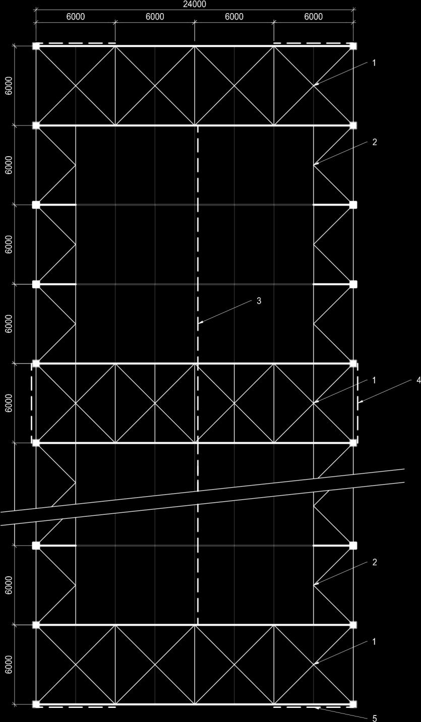 4.9.4 Návrh ztužení haly Schéma rozmístění ztužidel 1) Příčné střešní ztužidlo 2) Podélné střešní ztužidlo (okapové) 3)