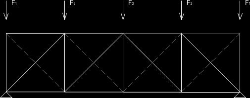 Příčné ztužidlo v rovině střechy Při návrhu se počítá pouze s taženými diagonálami, tlačené (ve schématu čárkovaně) se považují za vybočené. Vnitřní síly jsou získané z výpočetního modelu.