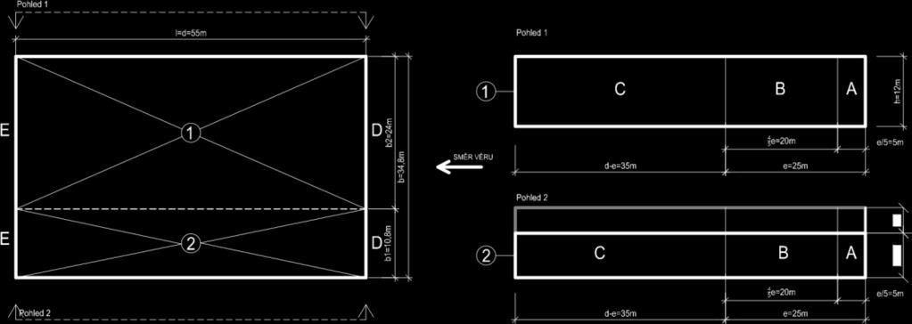 Podélný vítr 1) Zatížení na stěny Výška atiky Referenční výška Šířka budovy (ve směru větru): Délka budovy (kolmo na vítr): m z e = 12,5 m = h h p = 0,0 d = 60,0 b = 34,8 m m e = min (b, 2h) = 25 m