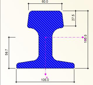 Průřez kolejnice: Průřezové caharakteristiky: Moment setrvačnosti kolejnice J x = 6546000 mm 4 Šířka paty kolejnice b fr = 105 mm Výška kolejnice h r = 105 mm Šířka
