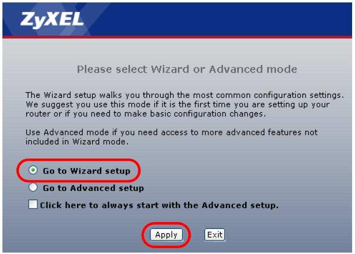 4 Zvoľte voľbu Go to Wizard setup (otvoriť sprievodcu nastavením). Kliknite na Apply (použiť). 5 Kliknite na INTERNET/WIRELESS SETUP (nastavenie internetu/bezdrôtovej siete).