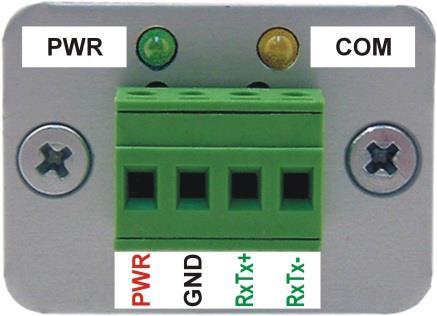 4 Konektor pro napájení a RS485 u GNOME485 Rozhraní Ethernet se připojuje zepředu konektorem RJ45.