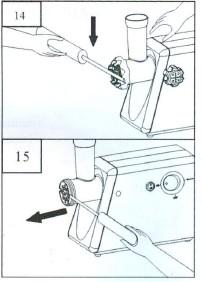 K opatrnému odstranění kolečka s otvory a nožové vrtulky použijte šroubovák, který zasuňte mezi kolečko a vrtulku, jak znázorněno na obrázku (obr. 15) a nadzvedněte kolečko s otvory.
