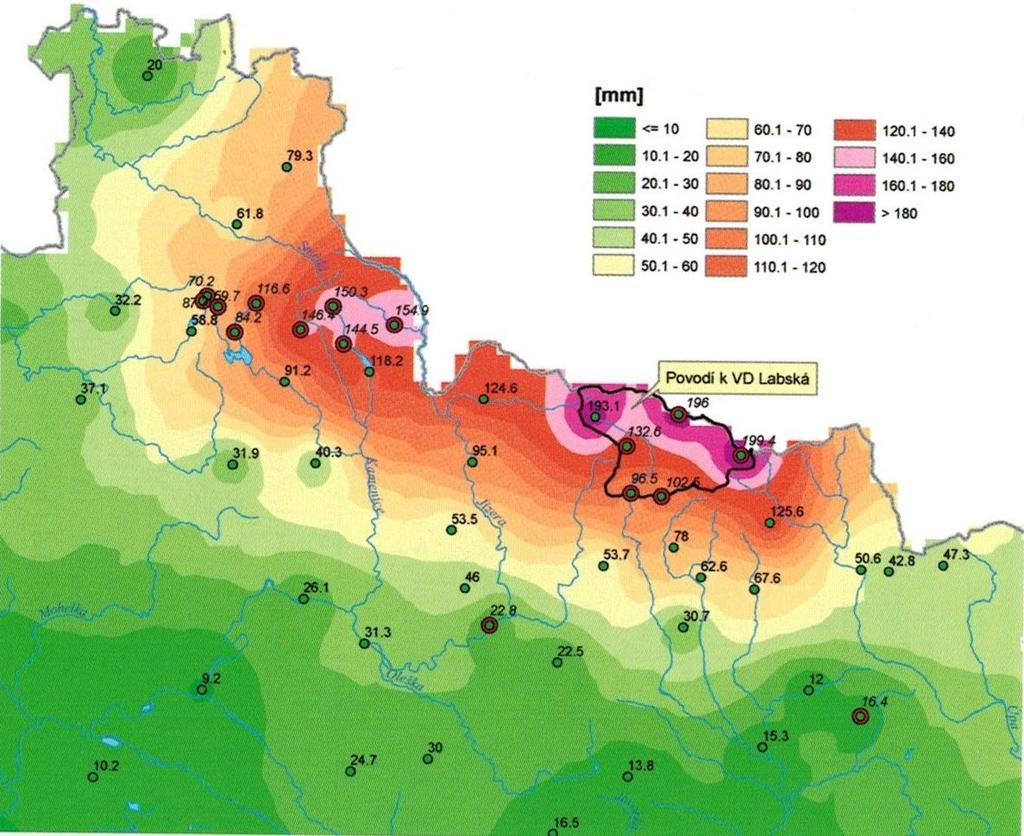 Obrázek 5 nám ukazuje rozdělení srážkových úhrnů dne 7. 8.