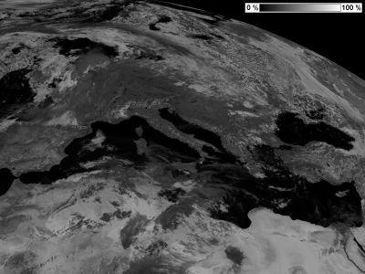 Obr. 3: Snímek pořízený družicí MSG ve spektrálním kanále NIR 1,6 (http://www.chmi.cz/meteo/sat/, 2009) Kanál HRV (Obr.