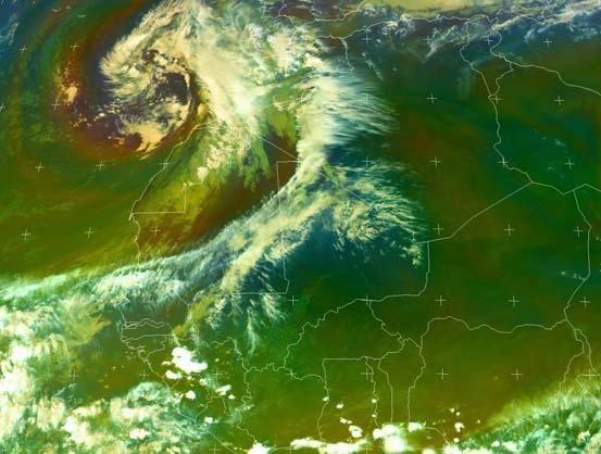 c) Snímky Vzduchových hmot (Air mass) Kompozitní RGB snímek Vzduchových hmot ukazuje Obrázek 30. Rozdíl kanálů 6,2 a 7,3 m ovlivňuje množství červené stejně jako na snímcích Konvekčních bouří.