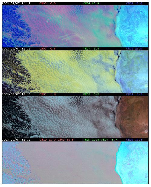 Obr. 34: Ukázka rozdílného zobrazení jednotlivých kompozitních snímků Kanál 3,9 m na Denním mikrofyzikálním snímku (horní panel) je nejcitlivější kanál vzhledem k mikrofyzice oblačnosti.