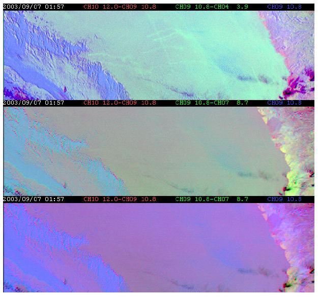 Obr. 35: Ukázka rozdílného zobrazení jednotlivých kompozitních snímků Kanál 3,9 m na Nočním mikrofyzikálním snímku (horní panel) opět zobrazuje stopy lodí, Snímky den a noc (prostřední) a Prach