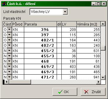 Obrázek 5-16:Okno ve kterém se definovaly obnovované parcely Abych nemusel každou obnovovanou parcelu označovat jednotlivě, využil jsem funkci Část k.ú.