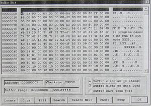 4.1.2.1.1 HEX/ASCII Data Buffer HEX/ASCII datový buffer má šířku 8-bitů. Při editování můžete používat klávesu tabulátoru k přepínání mezi HEX a nebo ASCII.