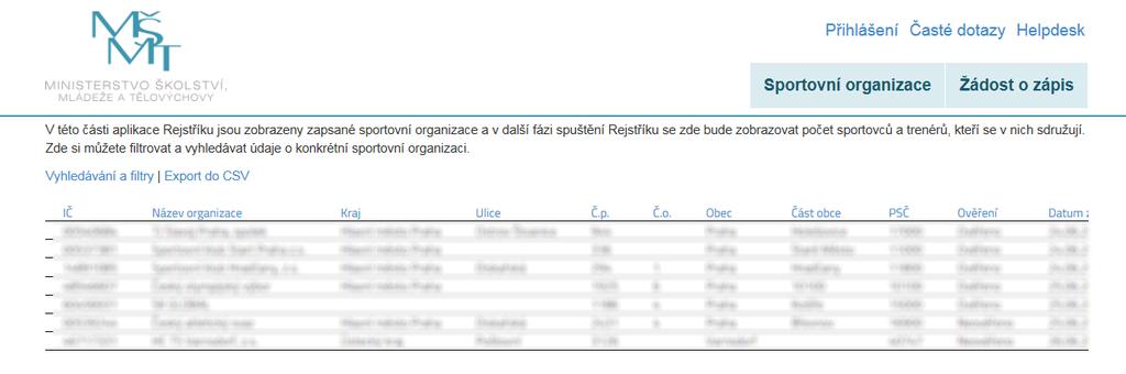 Zde je možné filtrovat a vyhledávat údaje o konkrétní sportovní organizaci.