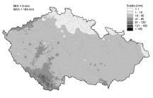 Precipitation amount (mm) on 8 August 2002, Czech Republic. Mapa 4 Úhrn srážek (mm) 9. 8. 2002, Česká republika.