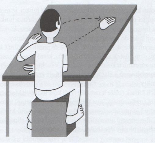 uvolnit do natažení  8 sed u stolu, ruka pokrčená v lokti, položená na stole před tělem s dlaní