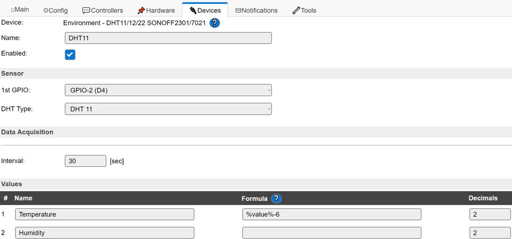 Nastavení zařízení DHT Name název zařízení Enabled zařízení je/není aktivní 1st GPIO pin po kterém DHT11 komunikuje DHT type typ DHT modulu Interval obnova dat po
