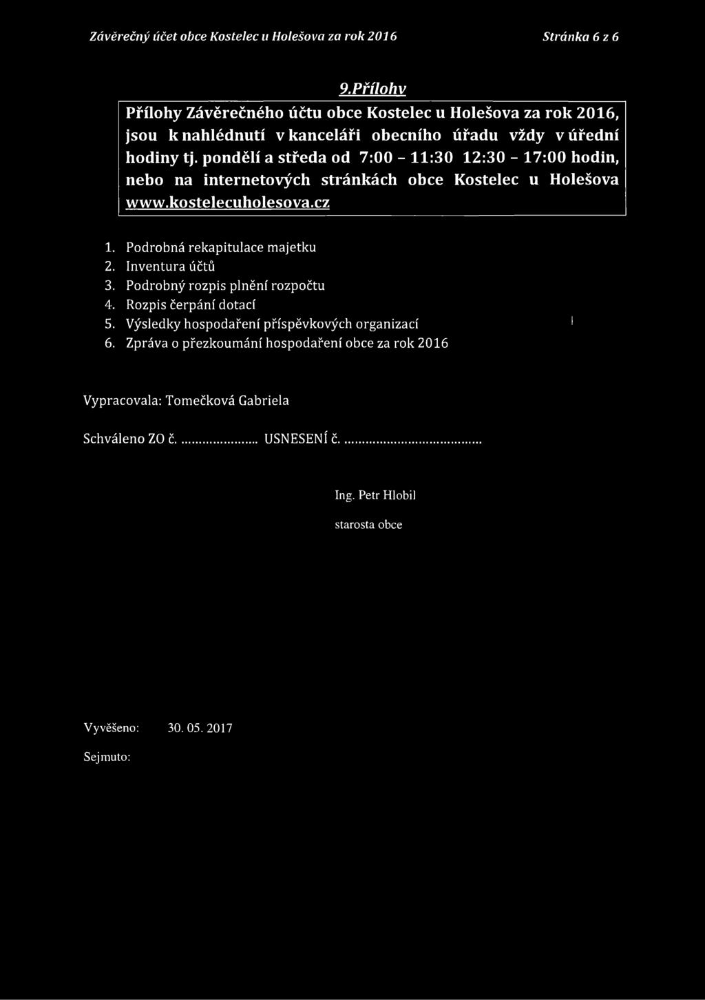 pondělí a středa od 7:00-11:30 12:30-17:00 hodin, nebo na internetových stránkách obce Kostelec u Holešova www.kostelecuholesova.cz 1. Podrobná rekapitulace majetku 2.