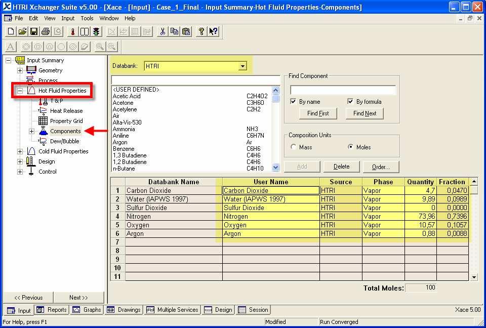 Obr.3.13 Specifikace složení spalin v HTRI 4.3.2. Výpočet pomocí programu VBA-ÚPEI Jako forma porovnávacího výpočtu byla zvolena aplikace VBA-ÚPEI s názvem POST v.0.1. Ta je vytvořená v MS Excelu pomocí VBA.