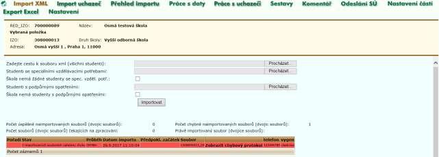 Bude-li základními kontrolami zjištěna chyba, bude počet úspěšně importovaných souborů (dvojic, trojic souborů): 0, počet chybně importovaných souborů (dvojic souborů): 1, a v tabulce pod touto