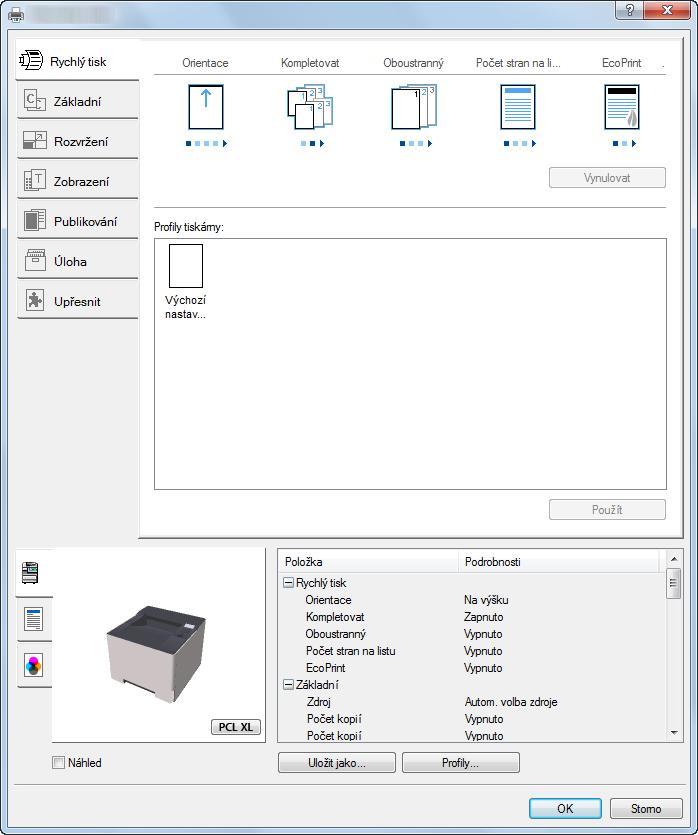 Tisk z počítače > Obrazovka vlastností ovladače tiskárny Obrazovka vlastností ovladače tiskárny Obrazovka vlastnosí ovladače tiskárny umožňuje konfiguraci řady nastavení týkajících se tisku.