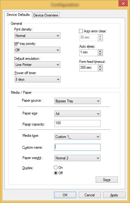 Tisk z počítače > Configuration Tool Obrazovka pro nastavení Configuration Tool Výchozí nastavení zařízení Nakonfigurujte u zařízení výchozí nastavení ovladače tiskárny a funkci úspory energie Print