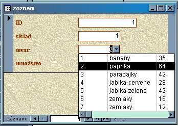 V databáze sklad vytvr Autmatický frmulár stlpcvý pre tabuľku ZOZNAM dplnený mžnsť zadávať dáta z zznamu Dkážeme nastaviť vlastnsti celéh frmuláru - v návrhvm režime klikneme pravým na mdrý pruh a